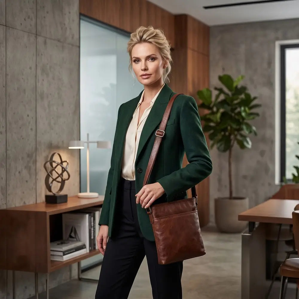 Woman in a green blazer with a cognac leather bag in an office setting