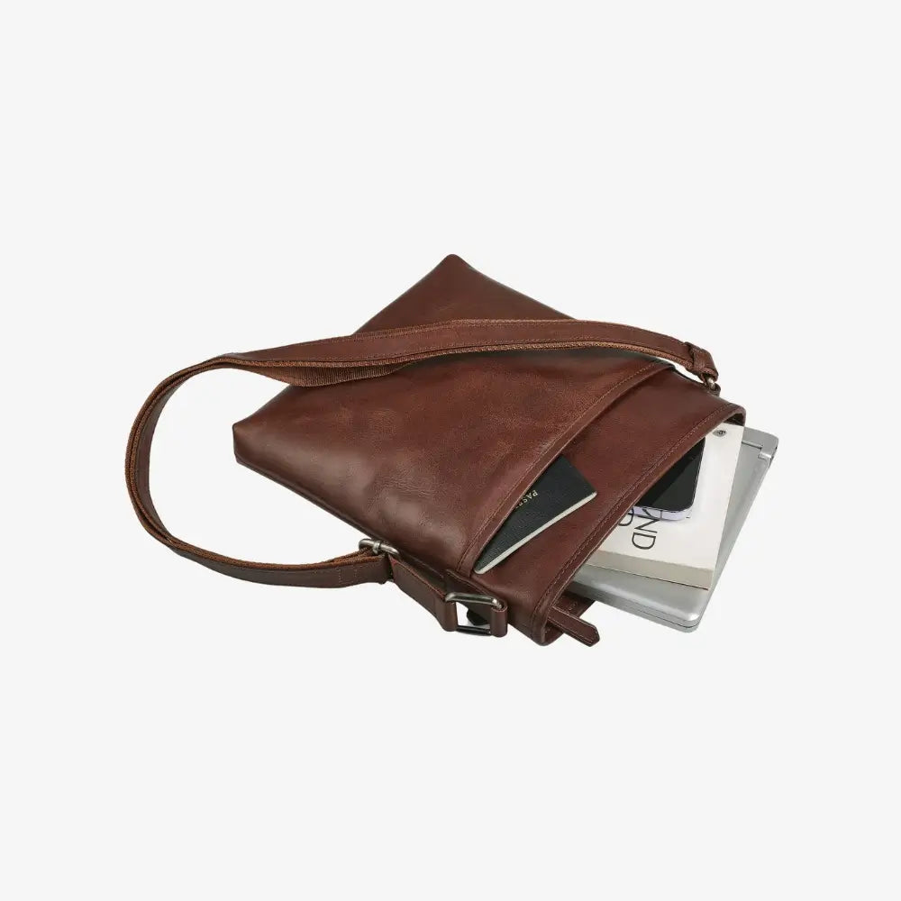 Large cognac leather crossbody bag for work and travel 