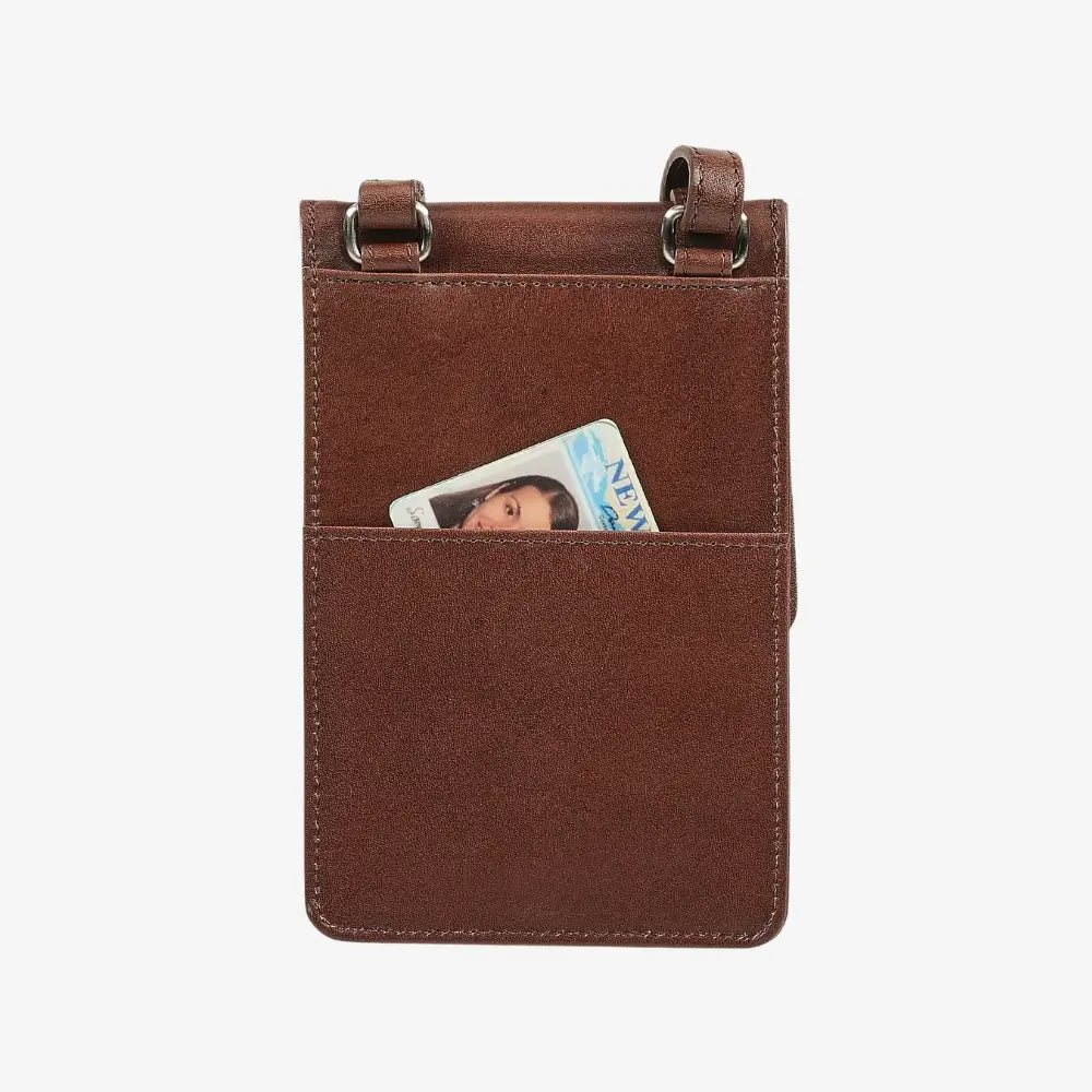 Cognac leather phone pouch with a card pocket on a white background