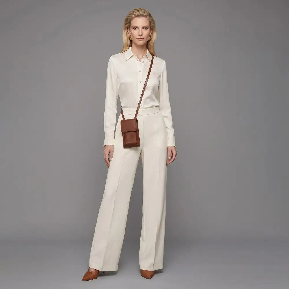 Woman in a white suit with a cognac handbag against a gray background