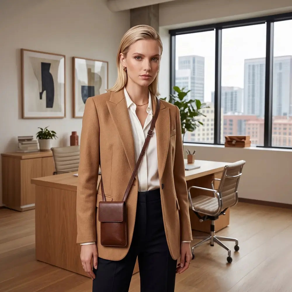 Woman in a professional setting wearing a cognac blazer and carrying a brown bag.
