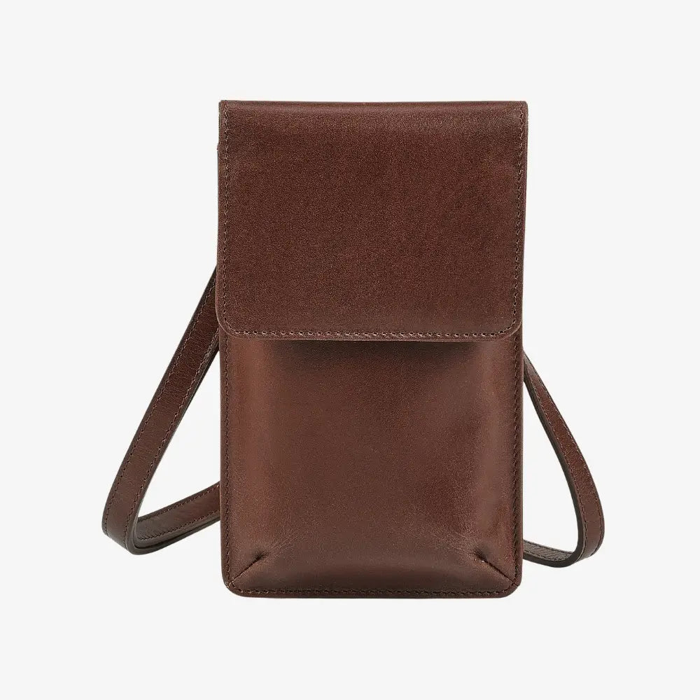 Velura real leather phone bag in cognac with crossbody strap