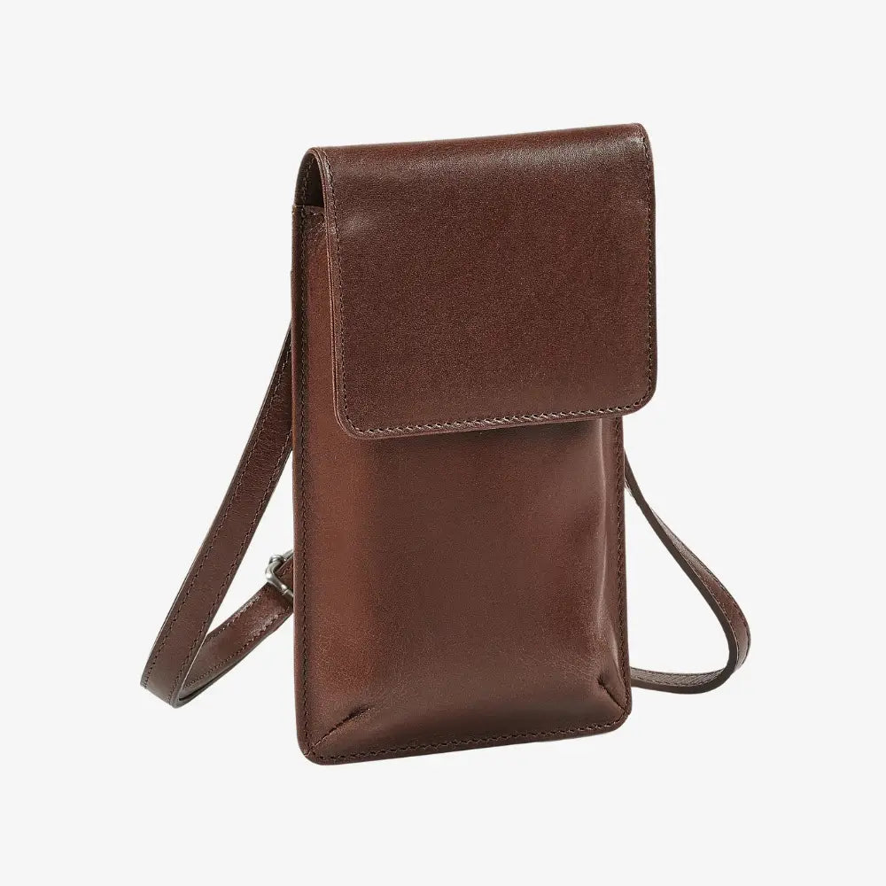 Cognac leather phone bag for women made from real leather