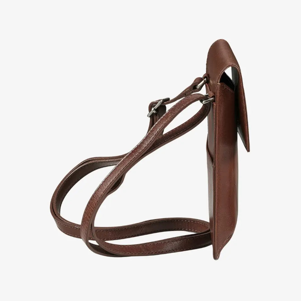 Women's cognac leather phone bag with rear pocket