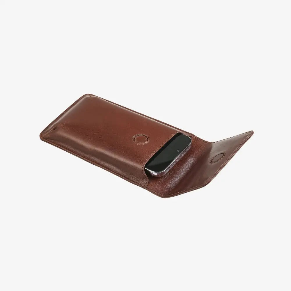 Real leather phone purse in cognac with magnetic flap