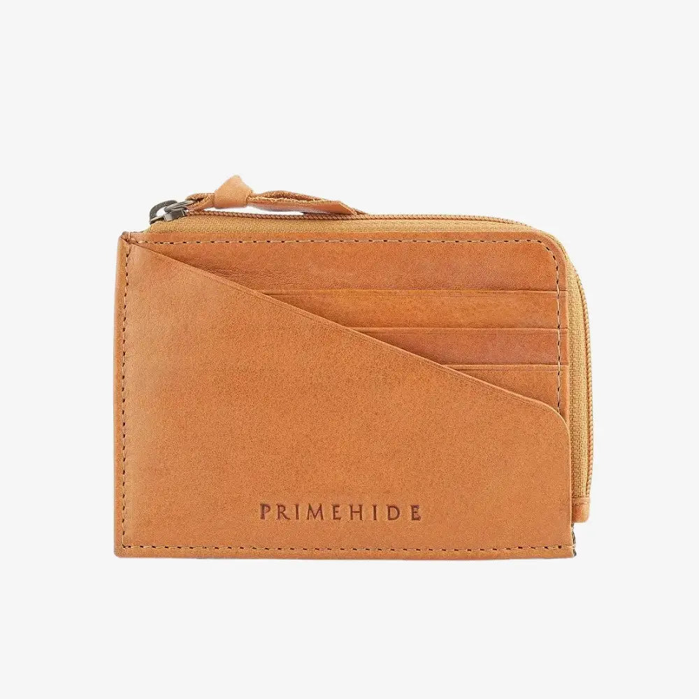 Cognac leather wallet with 'Primehide' branding on a white background