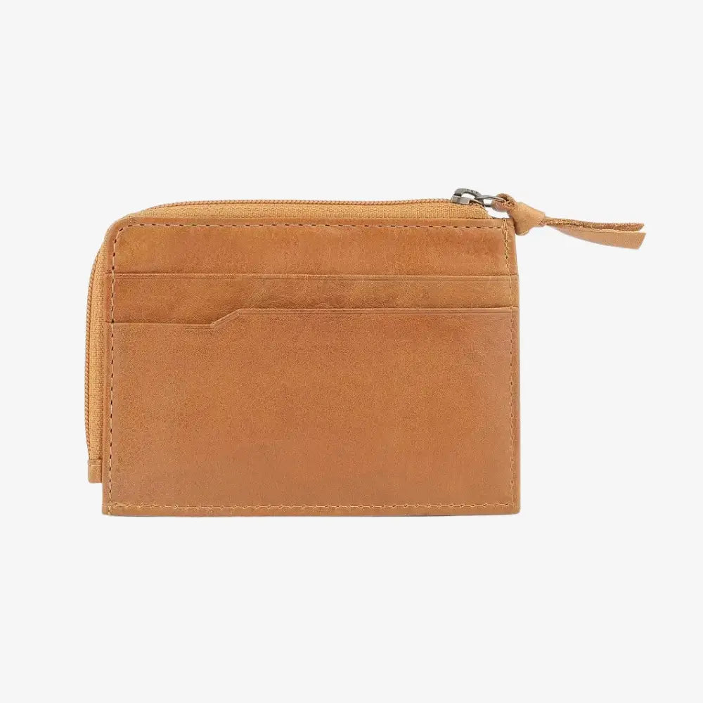 Cognac leather wallet with a zipper on a white background