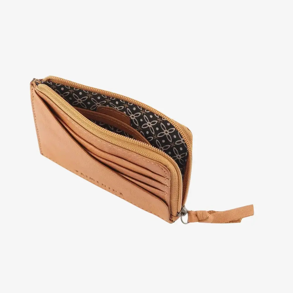 Cognac leather wallet with zipper on a white background