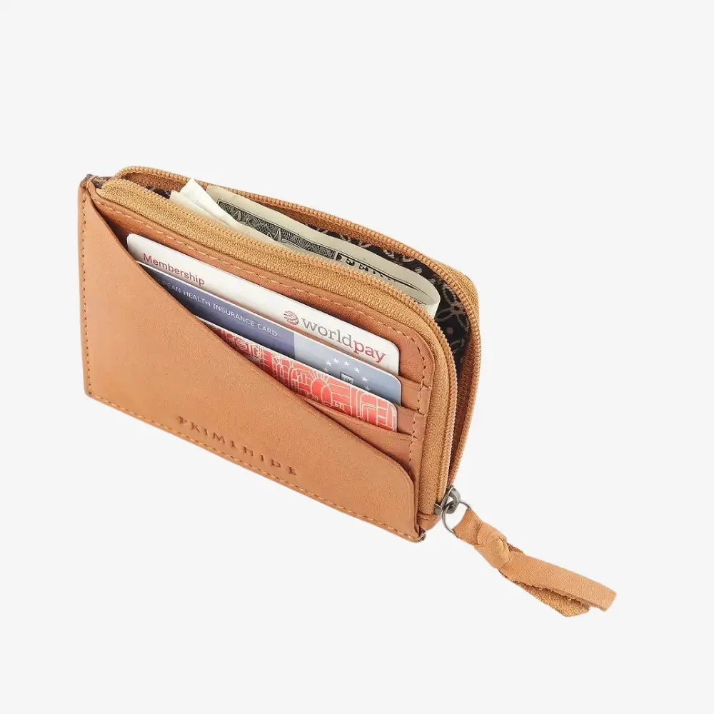 Cognac leather wallet with card slots on a white background