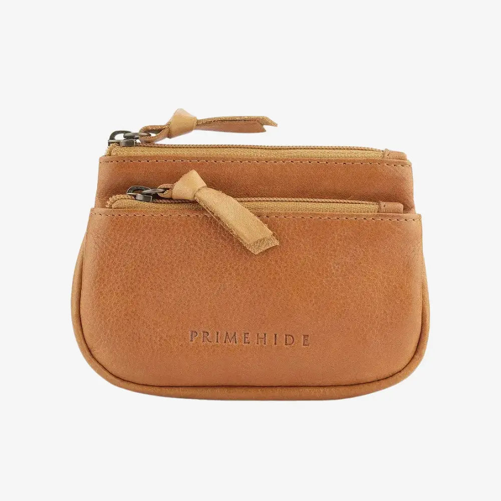 Cognac leather pouch with a zipper on a white background