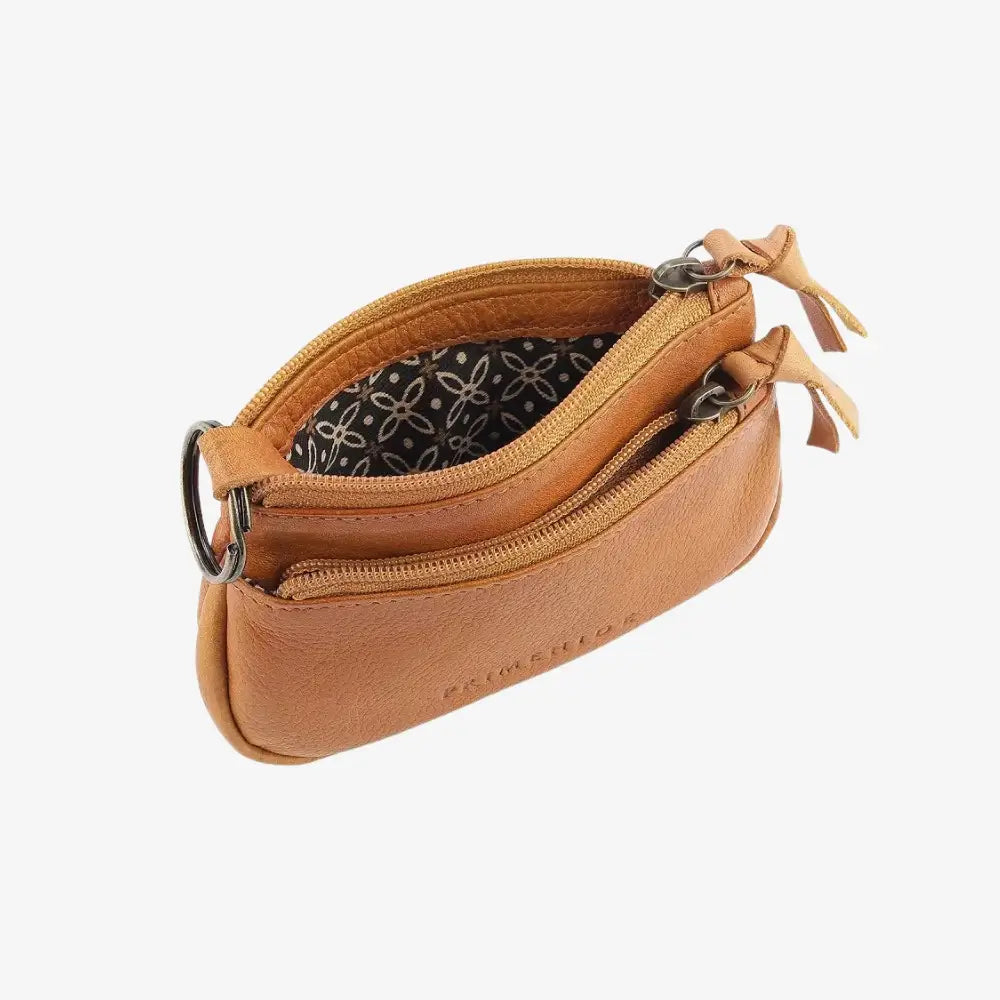 Cognac leather pouch with a zipper on a white background