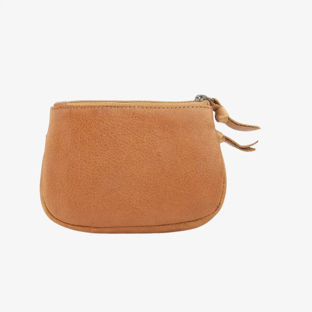 Cognac leather pouch with a zipper on a white background