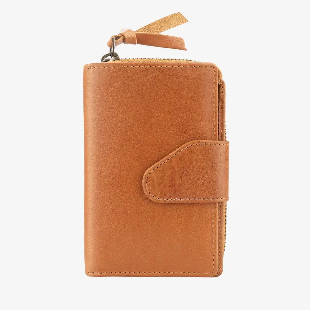 Cognac Renata bifold purse in washed Cancun leather finish