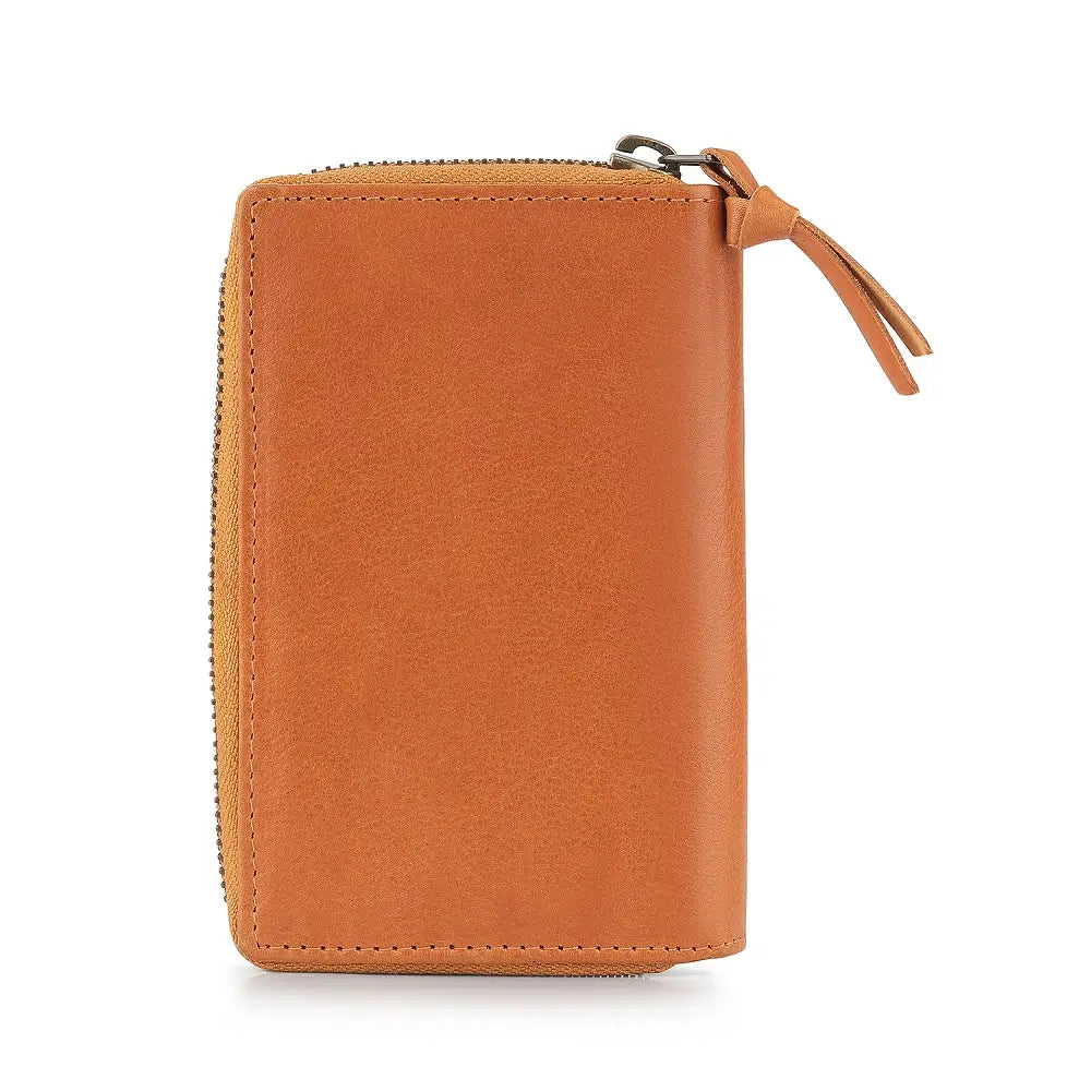 Back view of Cognac Renata leather bifold purse in washed Cancun finish