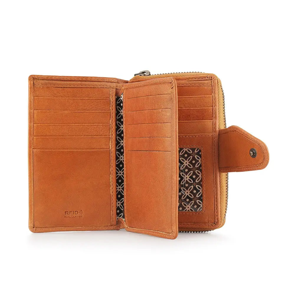 Detail of RFID protected card slots inside Cognac Renata bifold purse