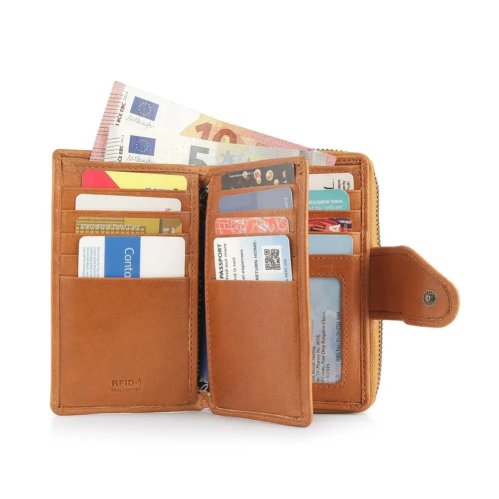 Interior of Cognac Renata bifold purse showing card slots and compartments with RFID protection