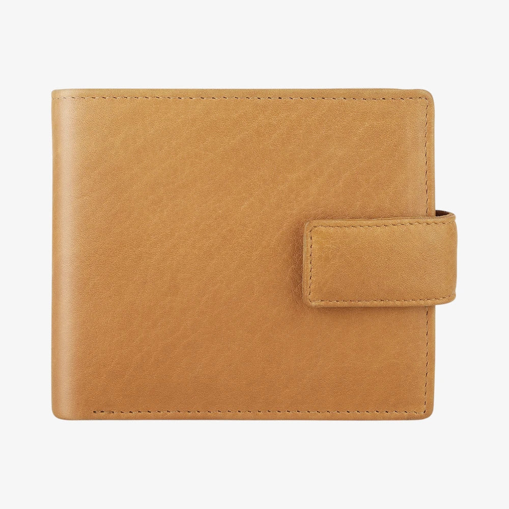 Front view of Cognac leather wallet on a white background