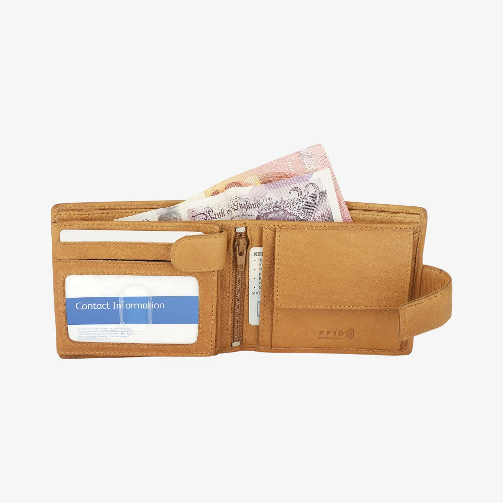 Open cognac leather wallet with money and cards on a white background