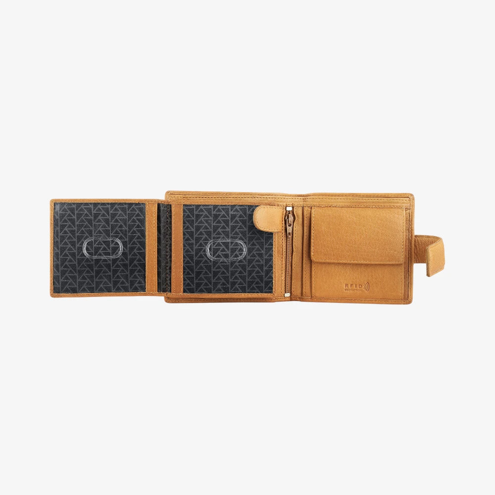 Open view of Cognac leather wallet on a white background