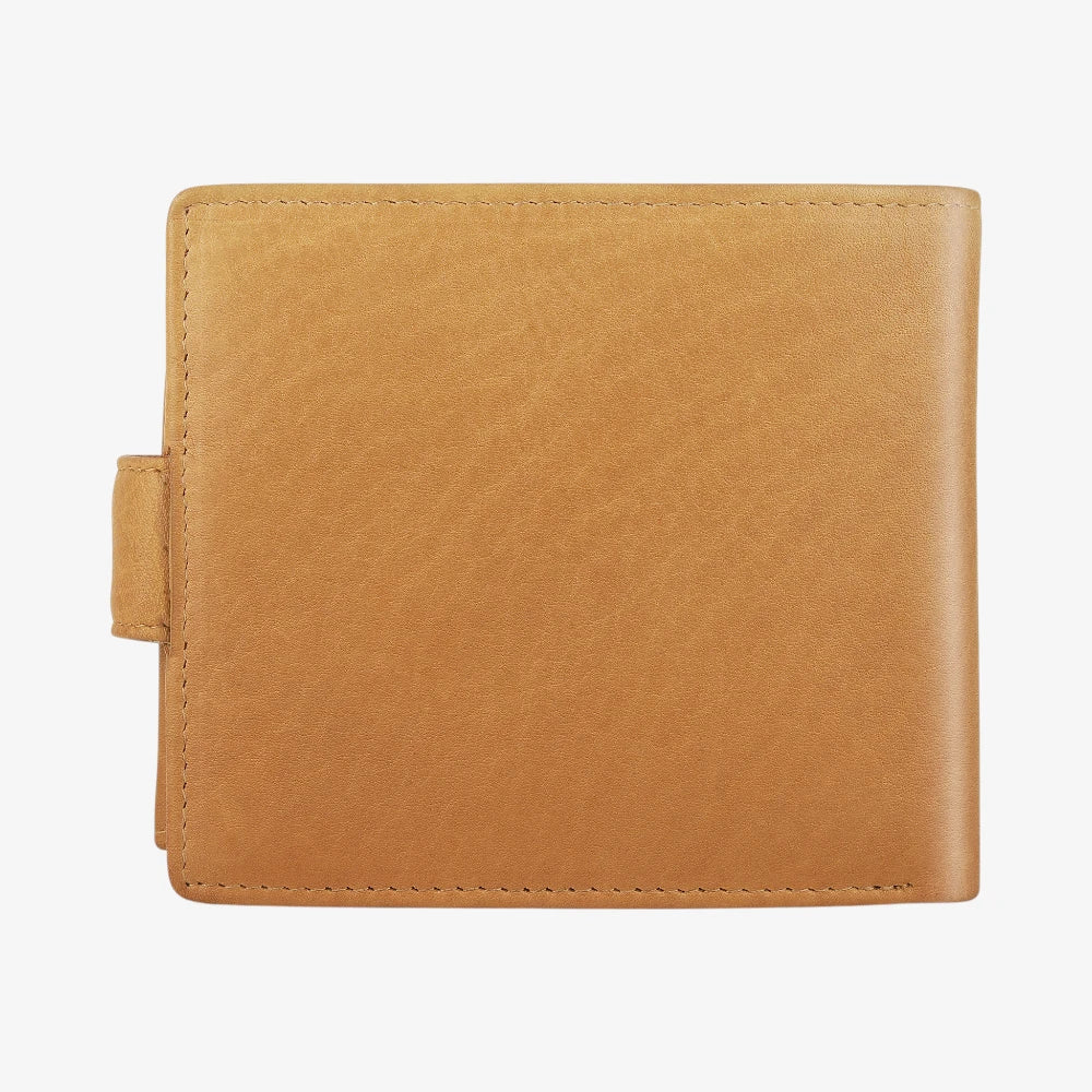 Back view of Cognac leather wallet with money and cards on a white background