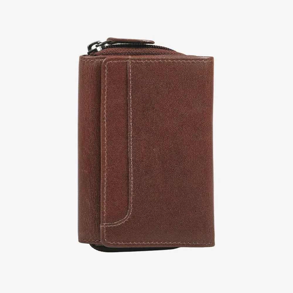 Cognac leather wallet with a zipper on a white background