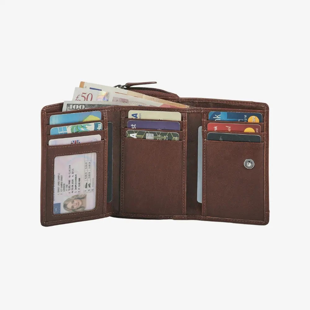 Cognac leather wallet with various cards and money on a white background
