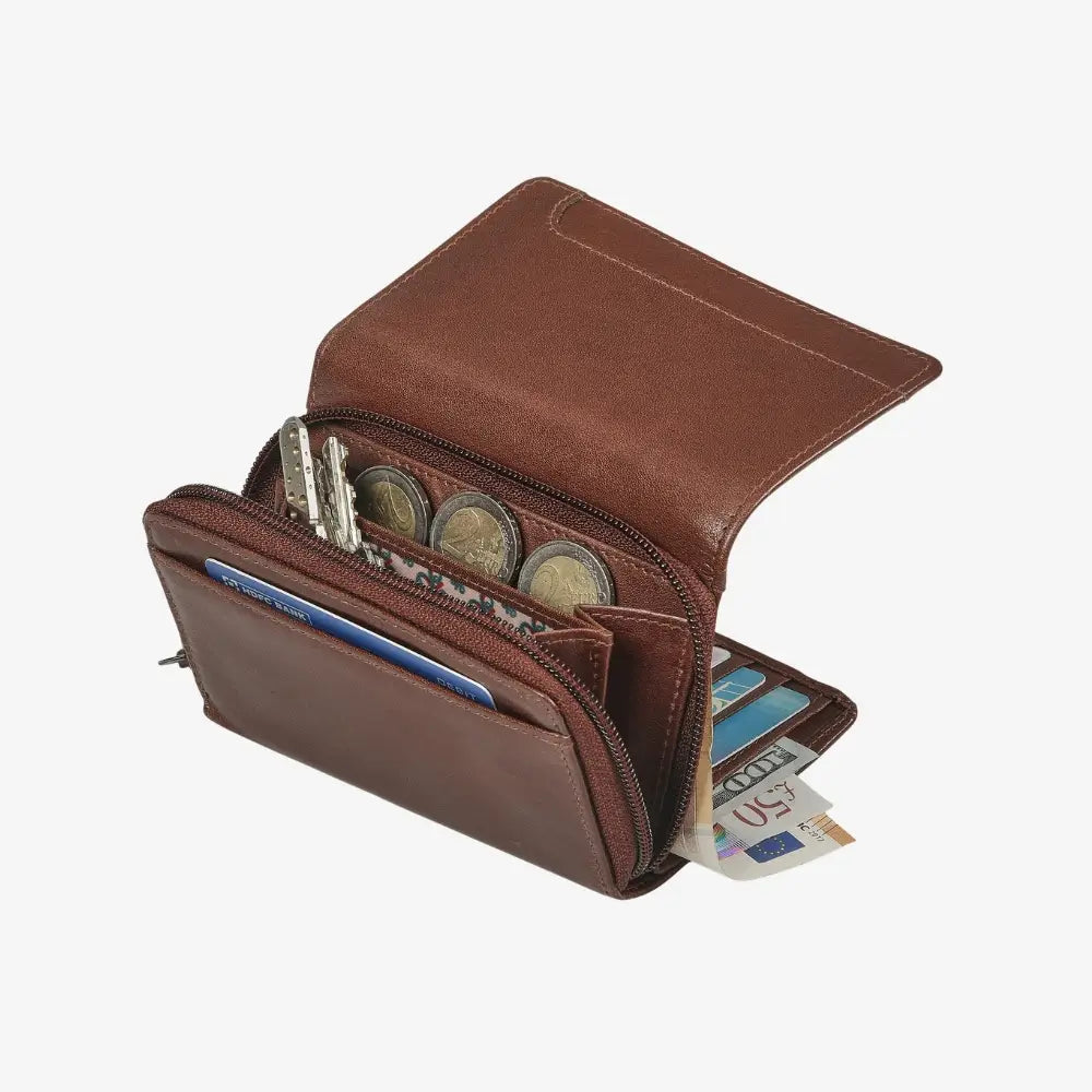 Cognac leather wallet with money and cards on a white background