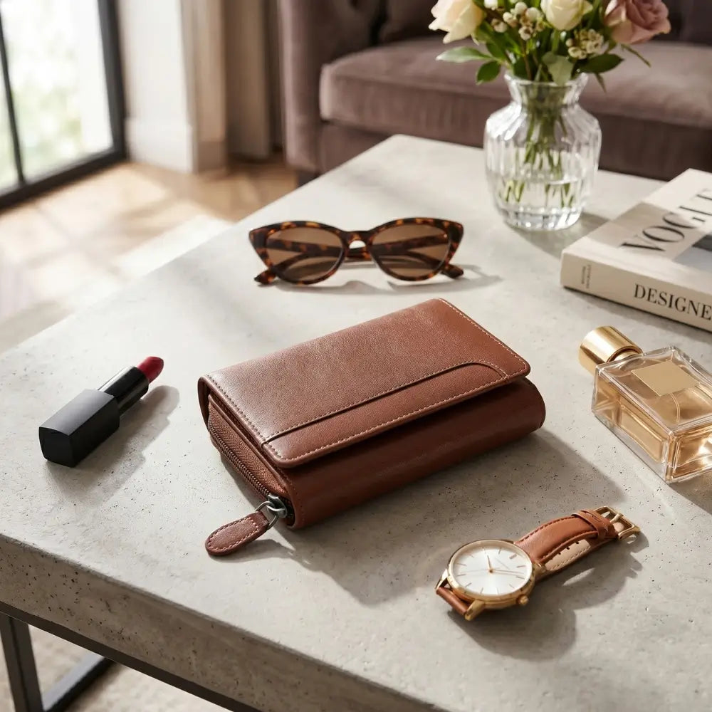 Cognac wallet, sunglasses, lipstick, perfume bottle, and watch on a table with a vase of flowers in the background.