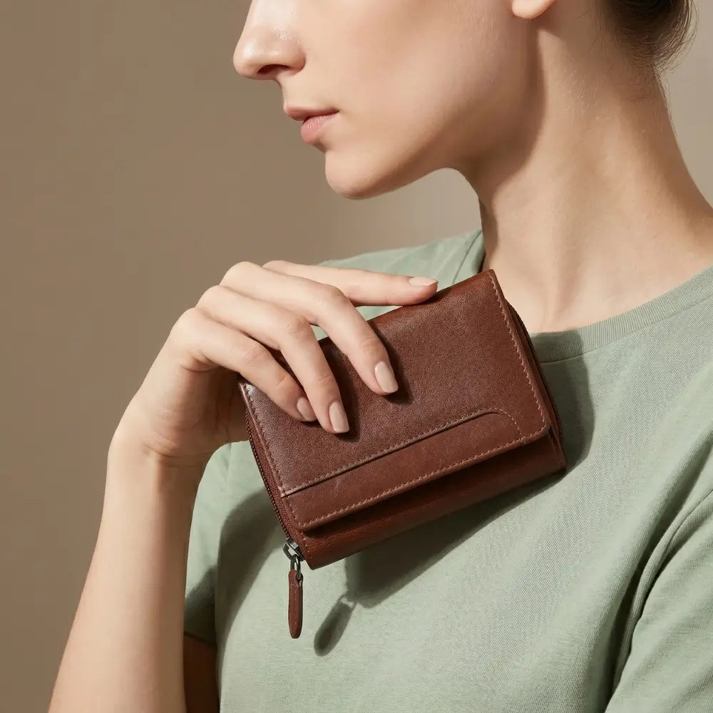Person holding a Cognac leather wallet against a neutral background