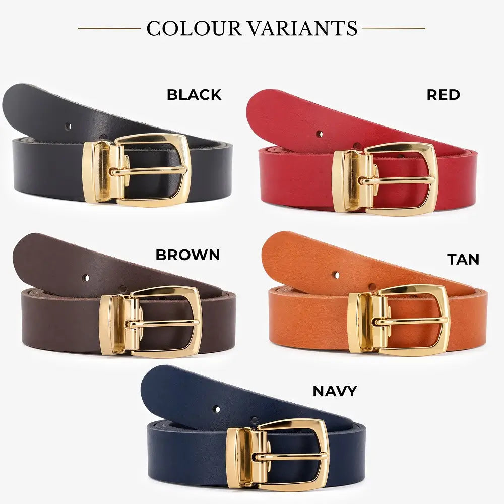 Collection of belts in black, red, brown, tan, and navy with gold buckles on a white background.