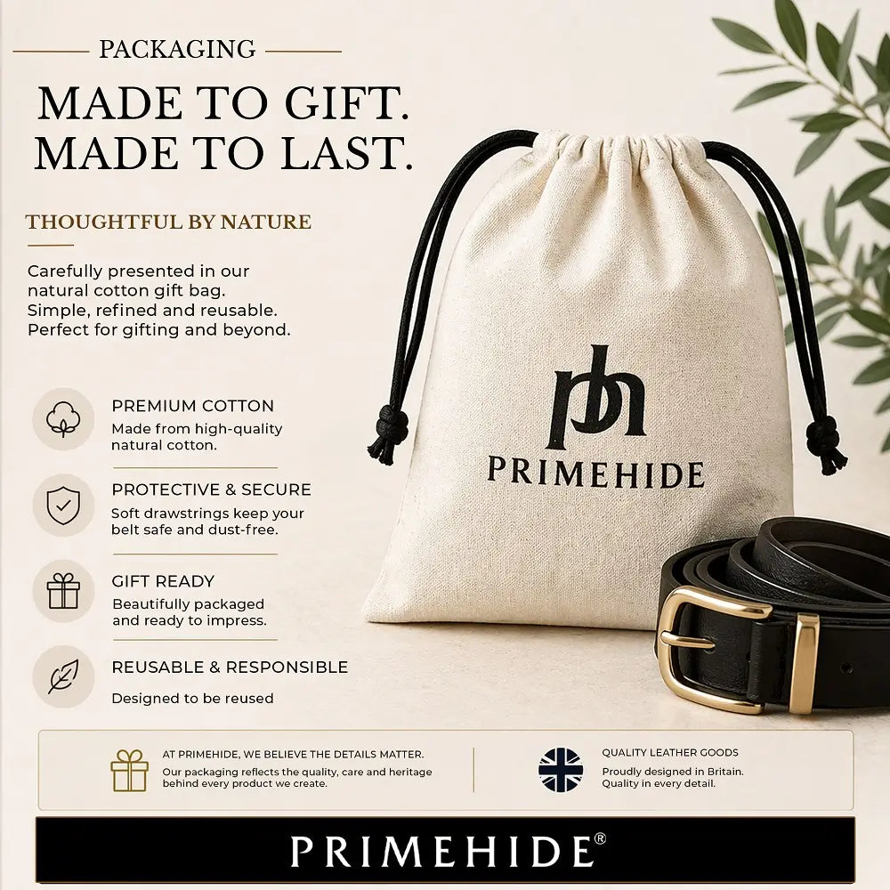 Primehide belt packaging with cotton gift bag and belt on a light background