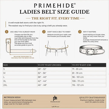 Primehide Ladies Belt Size Guide with measurement instructions and chart