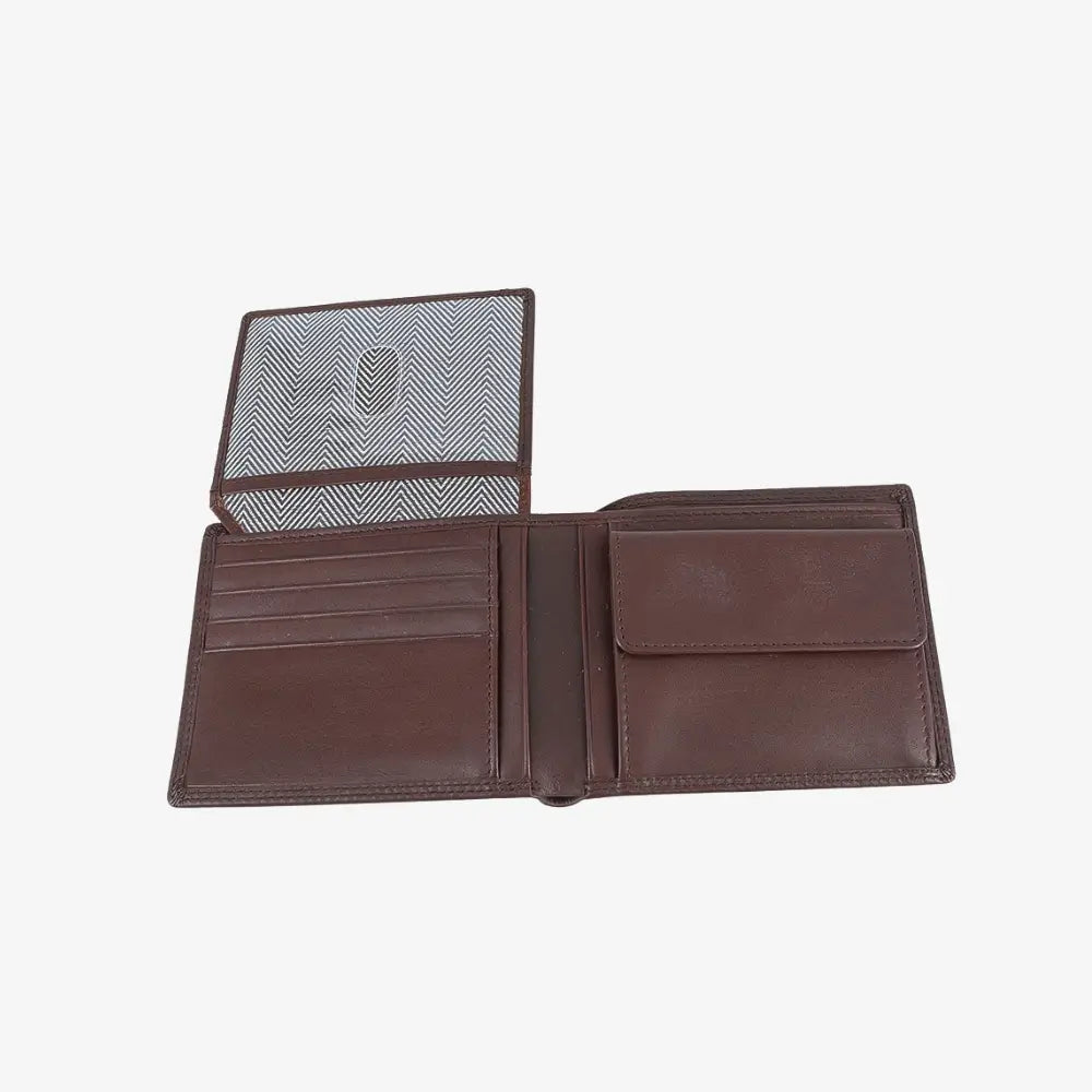 Open view of drak Brown leather wallet with a clear card holder on a white background