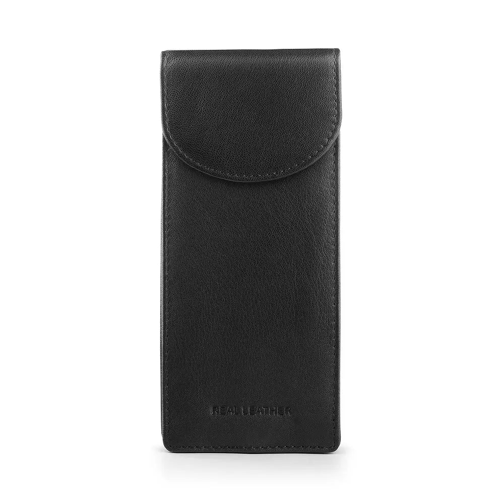 Black Leather double glasses case with magnetic closure holding two pairs of glasses