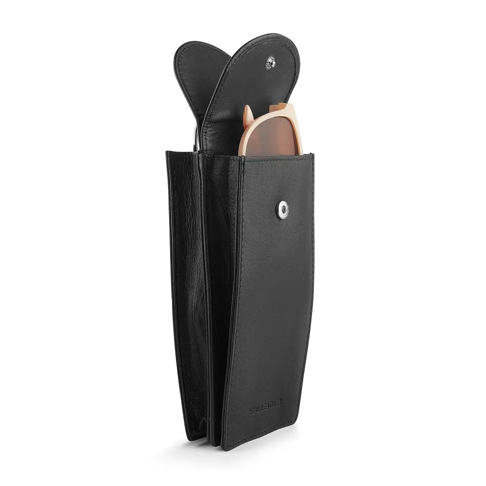 Interior of Black leather glasses case showing two compartments for spectacles and sunglasses