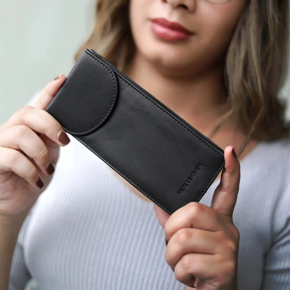 Black leather double glasses case for everyday use and travel