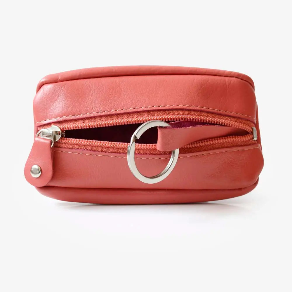 Dusty Rose Small Leather Zipper Keyring Pouch on grey background