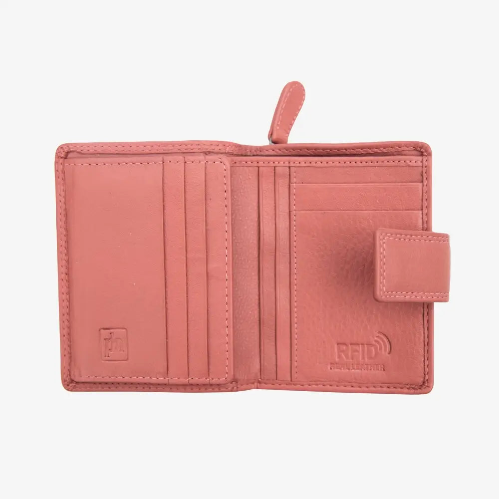 Dusty Rose wallet with visible brand logo on a white background