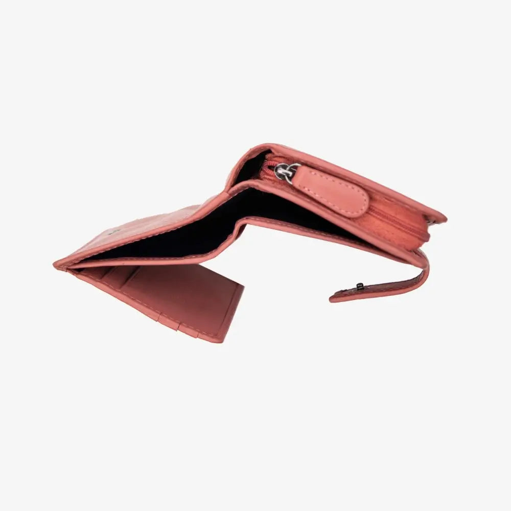 Angle view of Dusty Rose wallet on a white background