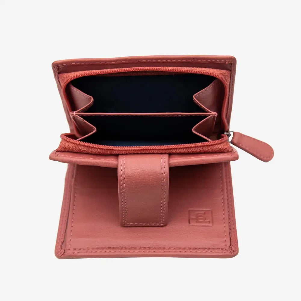 Open Dusty Rose leather wallet on a white background