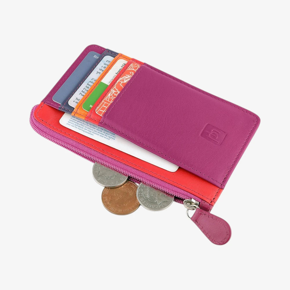 Front view of Fuchsia Card Holder Purse with coins and cards on a white background
