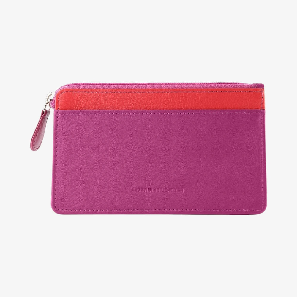 Front view of Fuchsia Card Holder Purse with red interior on a white background