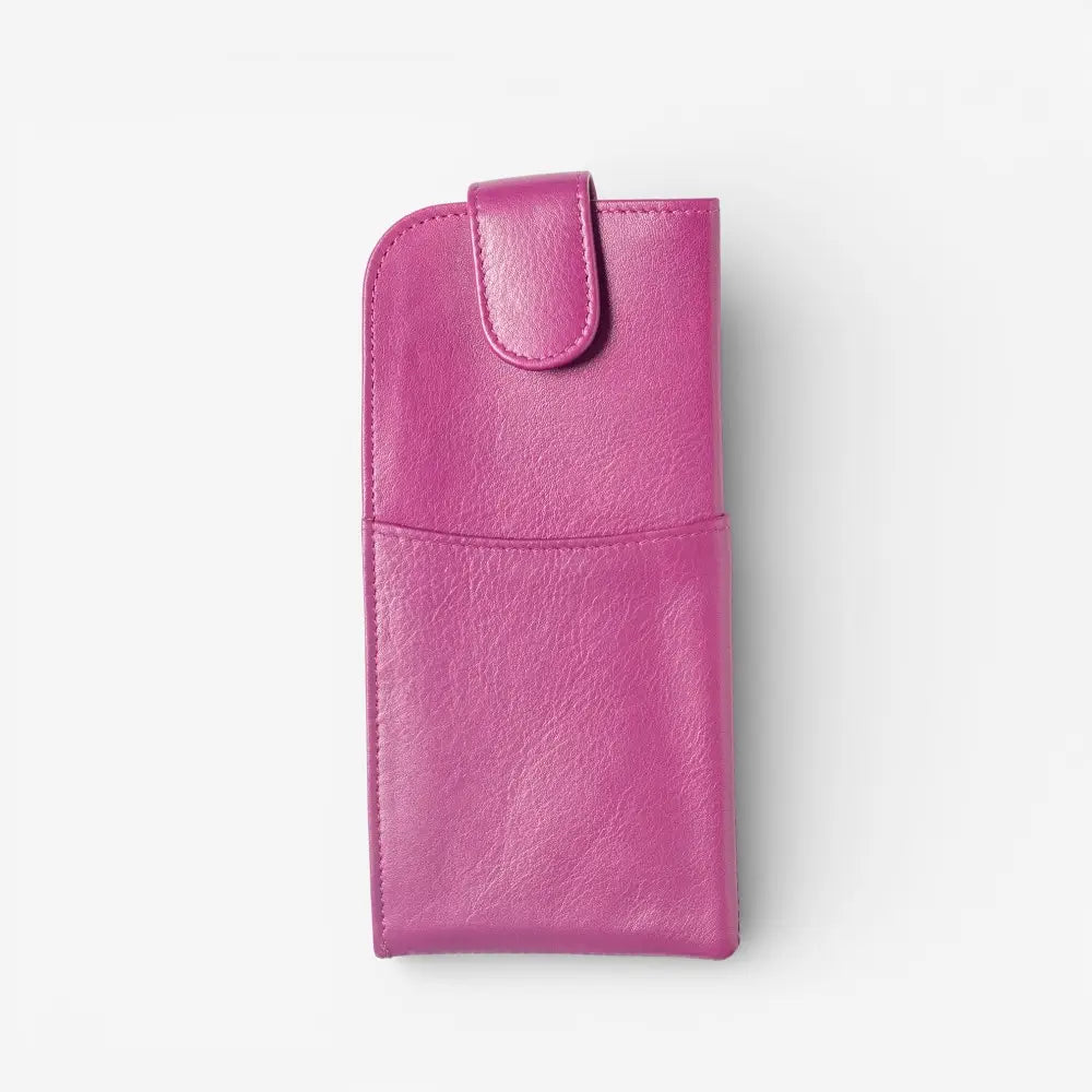 Fuchsia leather glasses pouch on a white background
