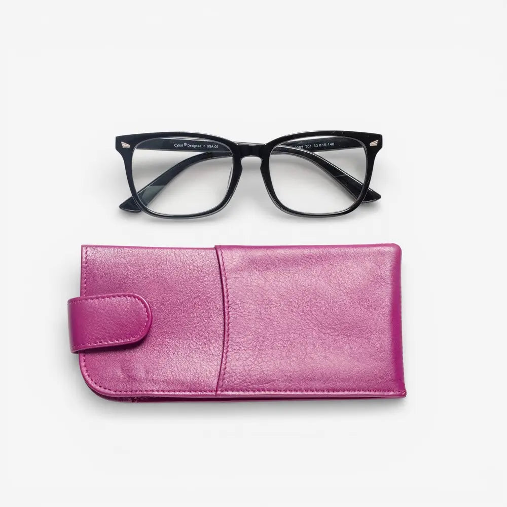 Black glasses on a Fuchsia eyeglass case against a white background