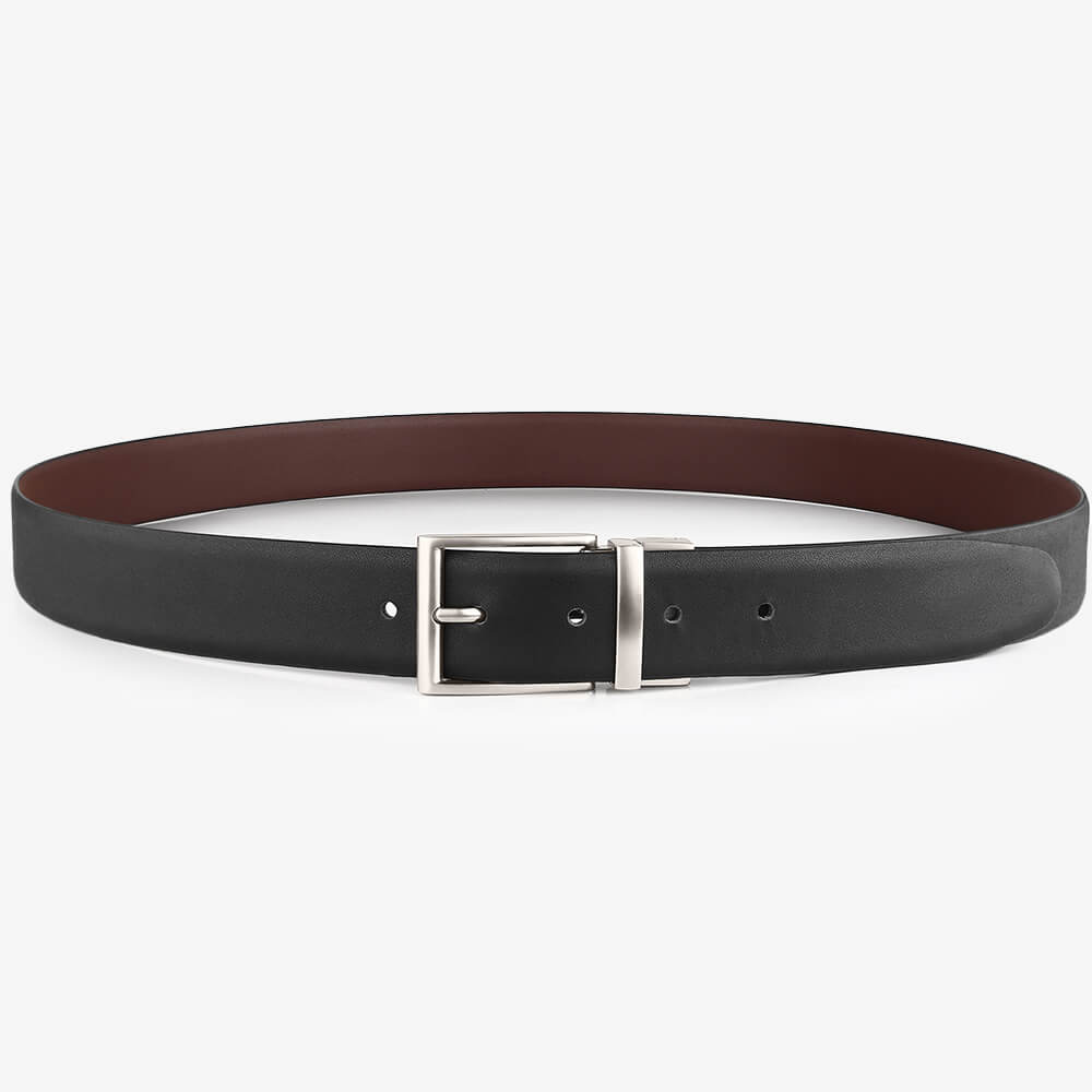 Black and brown leather belt with a silver buckle on a white background