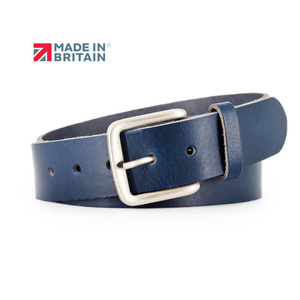 Blue leather belt Made by hand in England