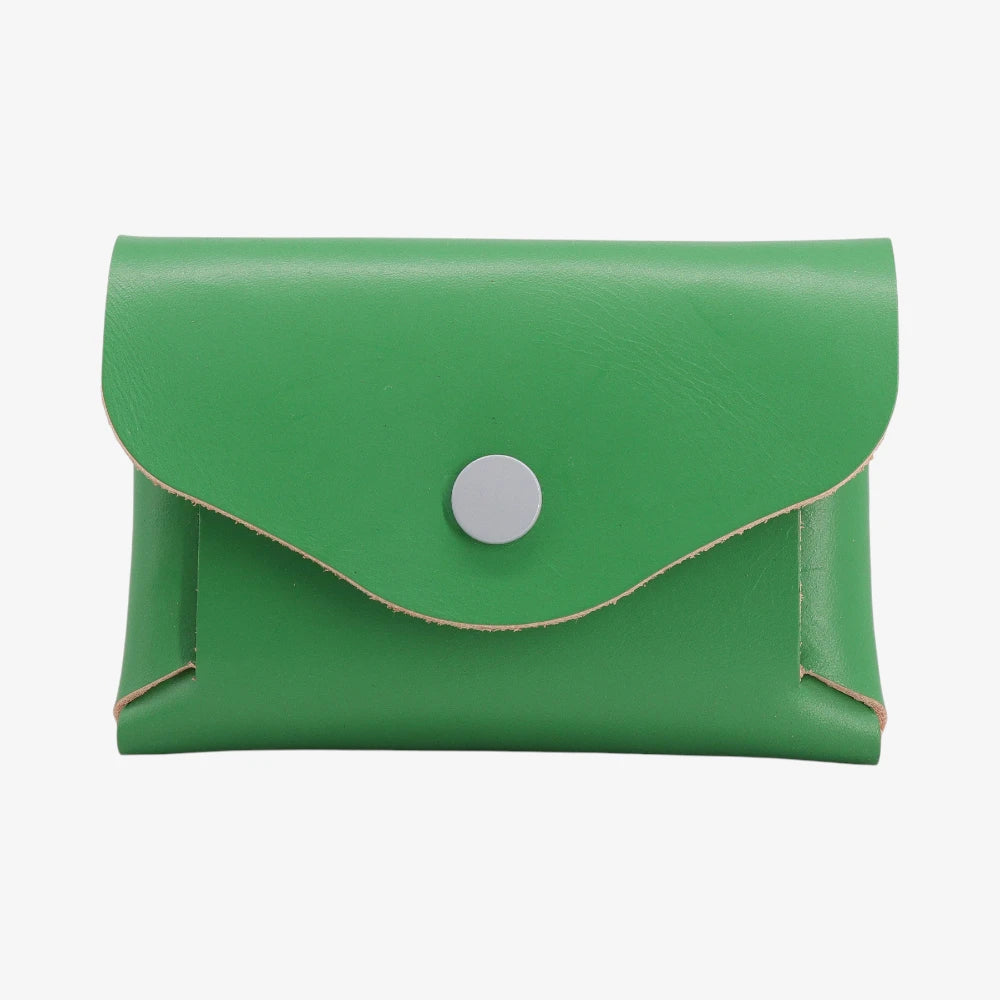 Garden green leather coin purse with fold-over flap and snap button closure