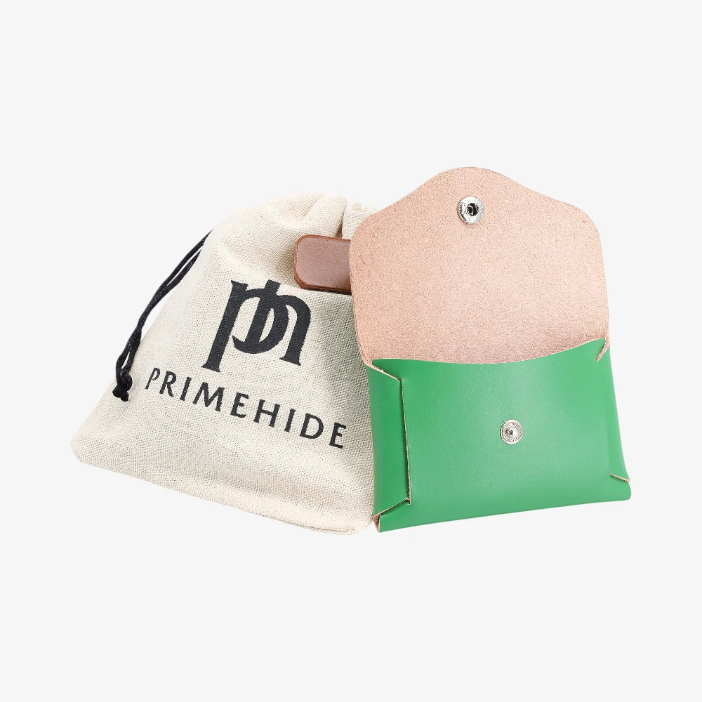 Garden green leather coin purse open view with Primehide branded drawstring pouch