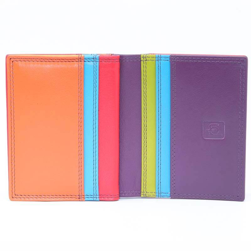 A multi-colored leather card holder wallet shown open, featuring vertical panels of orange, light blue, red, purple, lime green, and dark purple on a white background.
