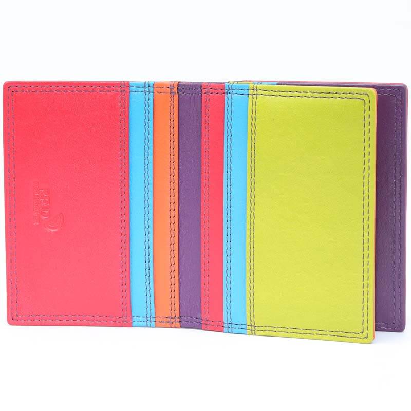 A colorful leather card holder wallet shown open, featuring multiple vibrant panels in red, light blue, orange, purple, and lime green, with visible contrast stitching.